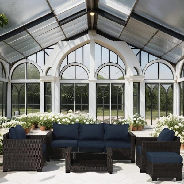 Cesicia 7-Piece Black Wicker Outdoor Sofa Loveseat Patio Conversation Seating Set with Dark Blue Cushions and Sloped Back