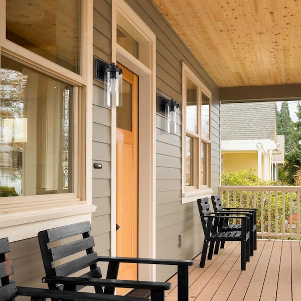 Axel Matte Black Minimalist Indoor/Outdoor 1-Light Wall Sconce with Seeded Glass Shade