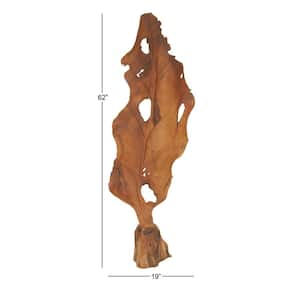 10 in. x 62 in. Brown Teak Wood Handmade Live Edge Leaf Sculpture