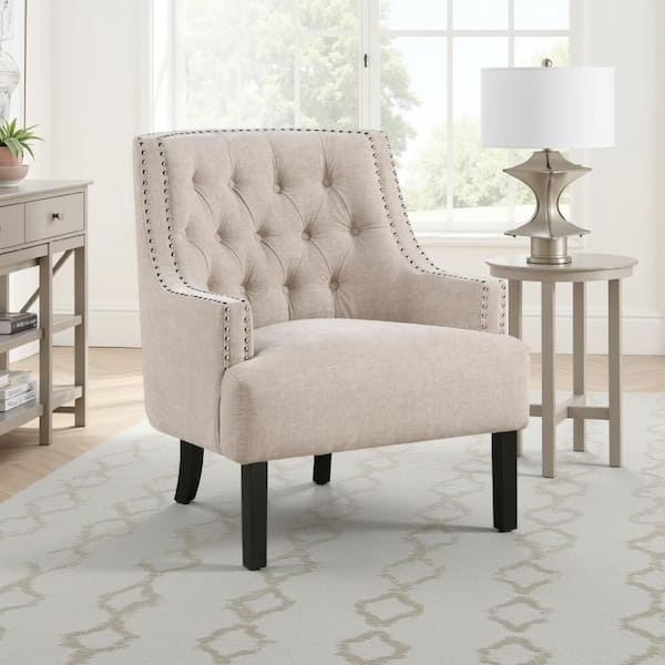 Daisie Beige and Black Chenille Arm Chair with 4 Legs Base Style