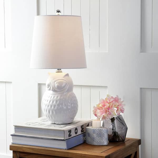 JONATHAN Y Hoot 20.5 in. White Owl Ceramic Mini Table Lamp