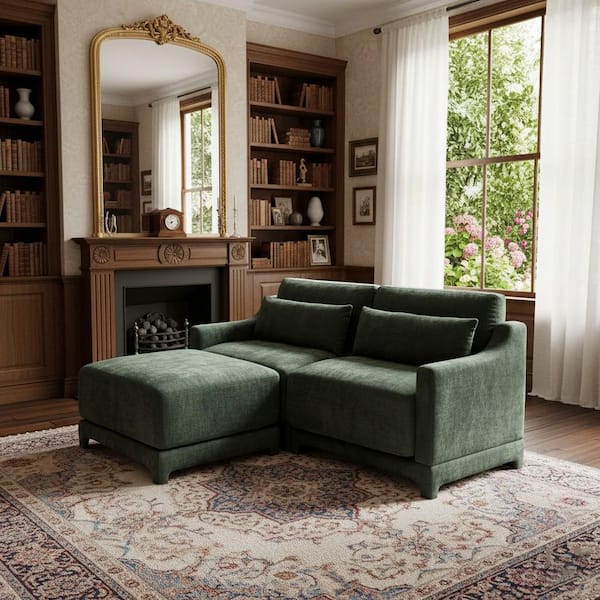LZYSZL 61 in. Straight Arm 3-Piece Chenille Modular Sectional Sofa with Comfort and 2-Seater and ottoman in Forest Green