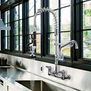 Solid Brass 25 in. H Commercial Triple-Handle Pull Down Sprayer Kitchen Faucet with Pre-Rinse Sprayer in Chrome