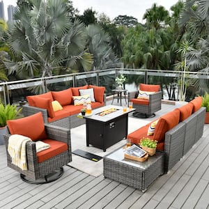 Messi Gray 11-Piece Wicker Outdoor Patio Conversation Sofa Fire Pit Set with Swivel Chairs and Orange Red Cushions