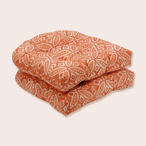 Pillow Perfect 19 in. x 19 in. Outdoor Dining Chair Cushion in Orange/Ivory (Set of 2)