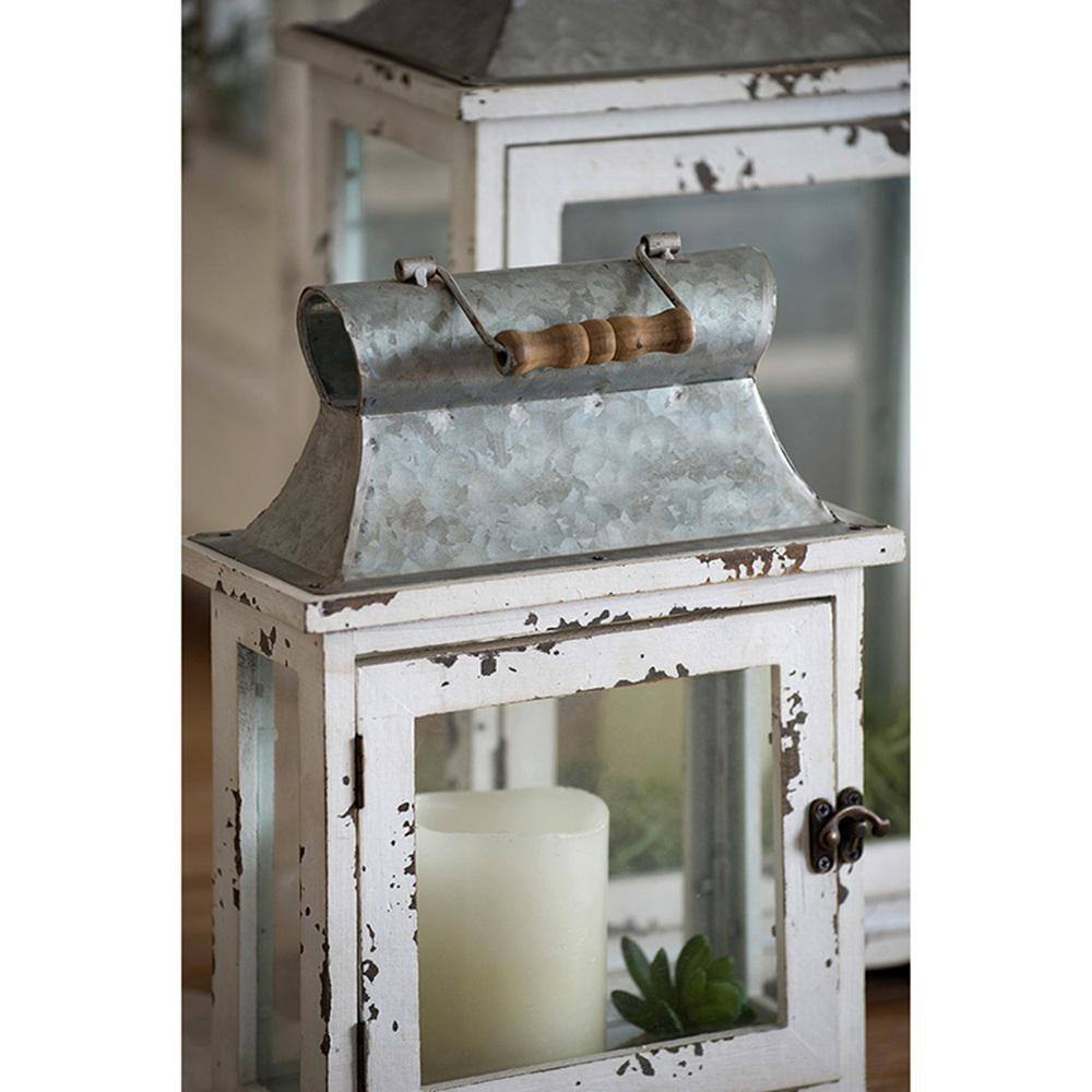 Set of 2 White and Gray Wooden Hanging Lanterns