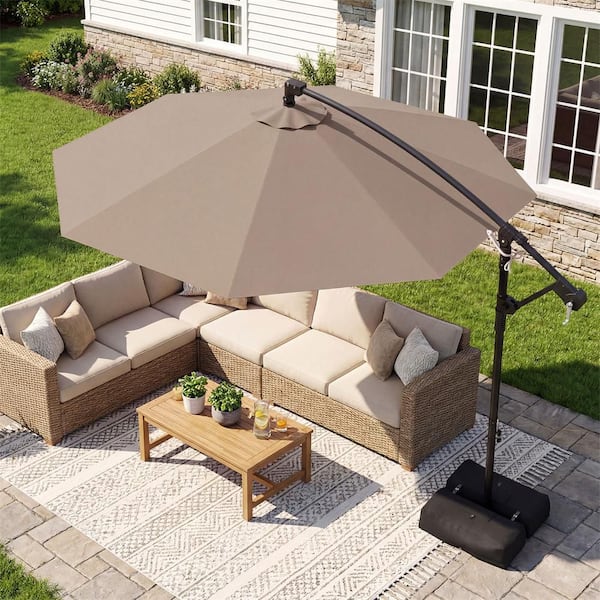 10 hanging patio umbrella brown colors 10 Feet Offset Umbrella with 8 Ribs Cantilever and Cross Base-Brown