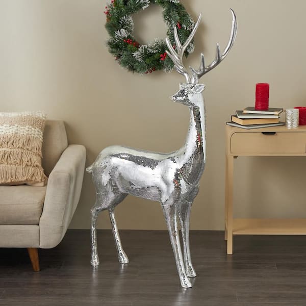 Silver 37 in. x 58 in. Fiber Glass Floor Reindeer Christmas Sculpture with Mosaic Pattern
