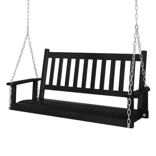 VEIKOUS 4 ft. Black Outdoor Wooden Patio Porch Swing with Chains and Curved Bench