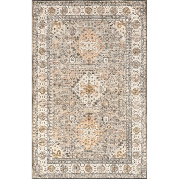 Kesia Vintage Bordered Machine Washable Peach 8 ft. x 10 ft. Area Rug