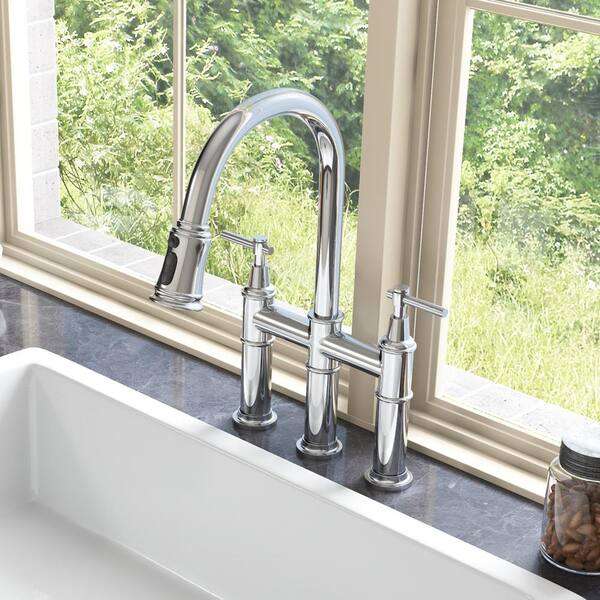 WELLFOR Double Handles Gooseneck Pull Down Sprayer Kitchen Faucet