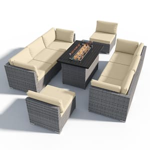 9-Piece Outdoor Wicker Patio Furniture Set with Fire Table, Beige