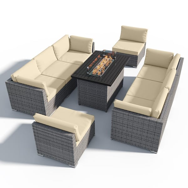 EAGLE PEAK 9-Piece Outdoor Wicker Patio Furniture Set with Fire Table, Beige