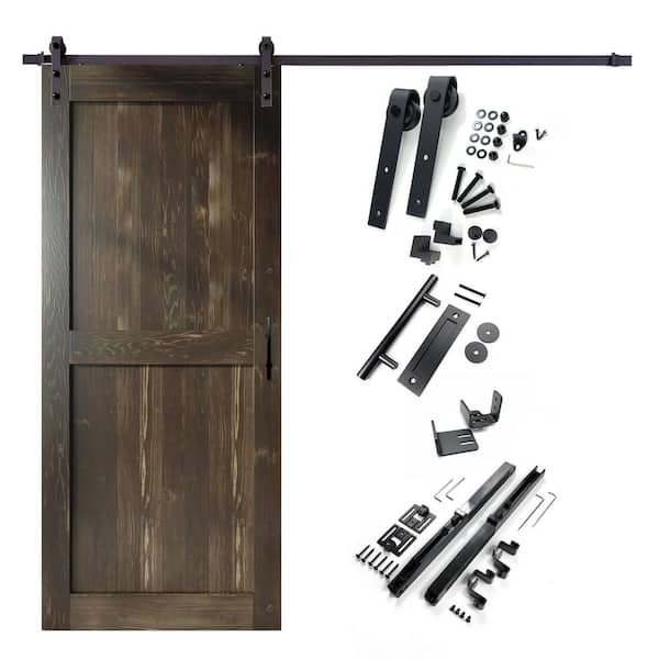 HOMACER 54 in. x 84 in. H-Frame Ebony Solid Pine Wood Interior Sliding Barn Door with Hardware Kit Non-Bypass