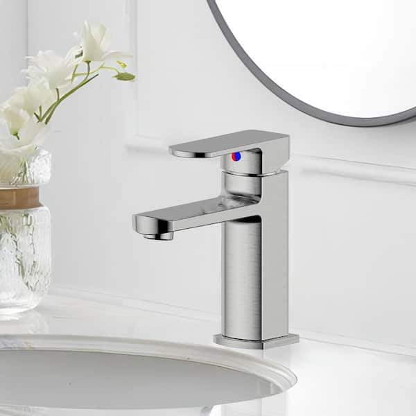 Modern Single Handle Single Hole Brass Bathroom Faucet with Push-up Pop-up Drain in Brushed Nickel