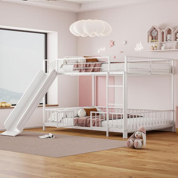 Harper & Bright Designs White Full over Full Metal Frame Bunk Bed with Guardrails, Door and Slide