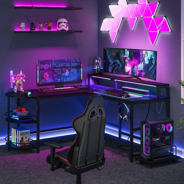 White Computer Gaming Desk with LED Lights&Hutch, 55 Large PC