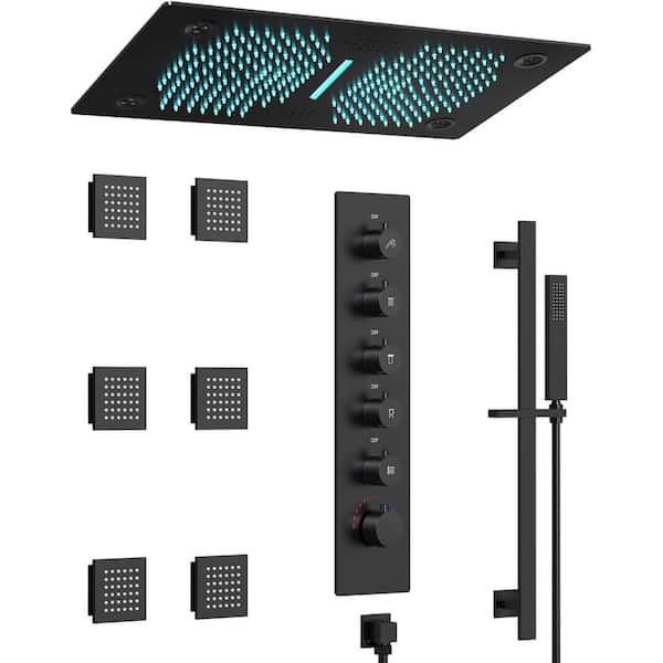 Aurora 28 in. Mood Light Speaker 6-Jet Shower System with Handheld, Thermostatic Valve in Matte Black