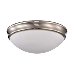 13 in. 2-Light Brushed Nickel Modern Flush Mount with White Glass Shade