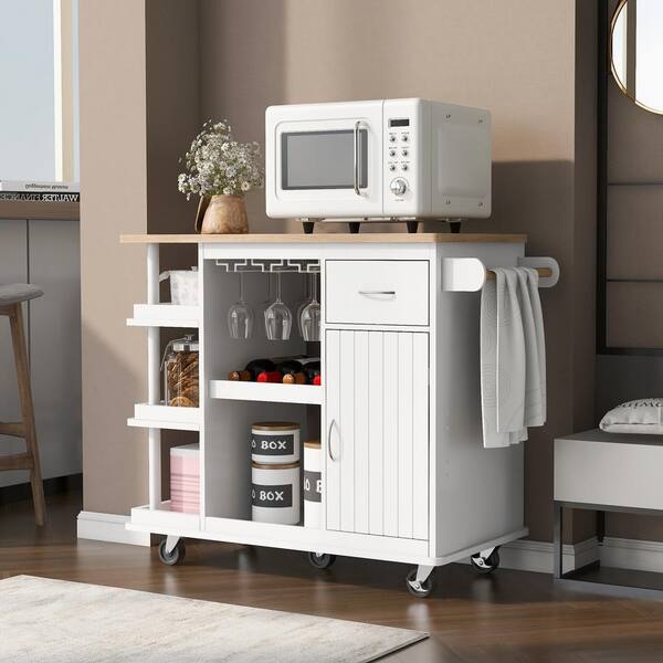 ARTCHIRLY Brown Solid Wood Top 53.1 in. White Kitchen Island with Drop Leaf, Cabinet Door Internal Storage Racks and 3-Drawers