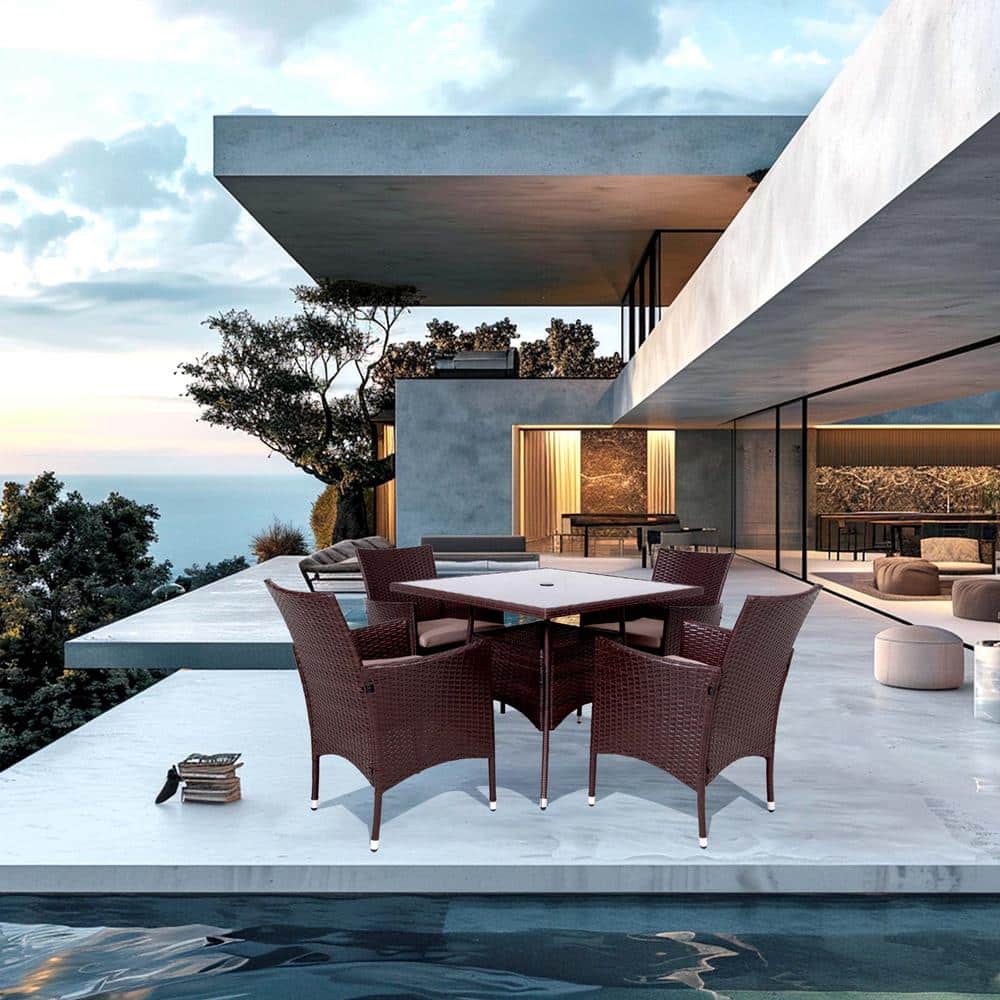 Zeus Ruta Brown 5 Piece Wicker Outdoor Dining Set with Khaki Cushions