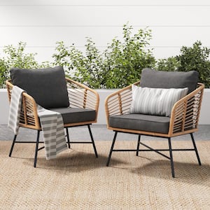 Flow Bohemian Rattan Wicker Upholstered Outdoor Chair Set for Patio or Porch with Black Cushions (2-Pack)