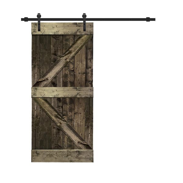 CALHOME K Series 30 in. x 84 in. Solid Espresso Stained Knotty Pine Wood Interior Sliding Barn Door with Hardware Kit
