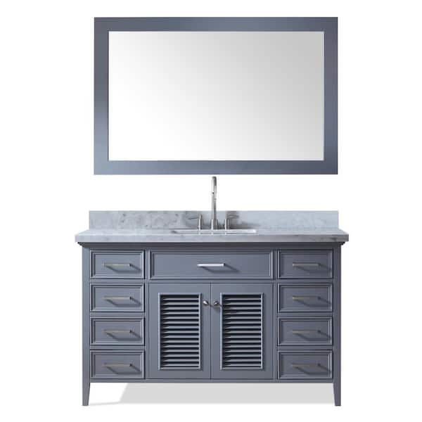 ARIEL Kensington 55 in. Bath Vanity in Grey with Marble Vanity Top in Carrara White with White Basin and Mirror