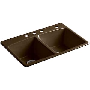 Brookfield Drop-In Cast Iron 33 in. 4-Hole Double Basin Kitchen Sink in Black 'n Tan