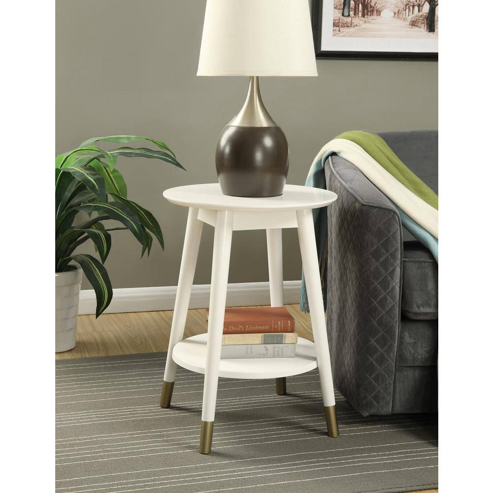 White Solid Rubberwood Round End Table with Bottom Shelf