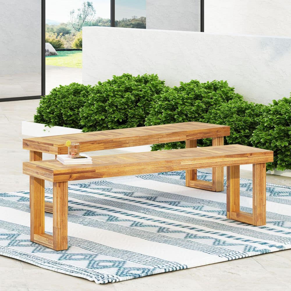 Natural Brown Acacia Wood Outdoor Ottoman & Bench with Slat Panel