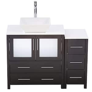 Torino 42 in. Vanity in Espresso with Glass Stone Vanity Top in White with White Basin and Mirror (Faucet Not Included)