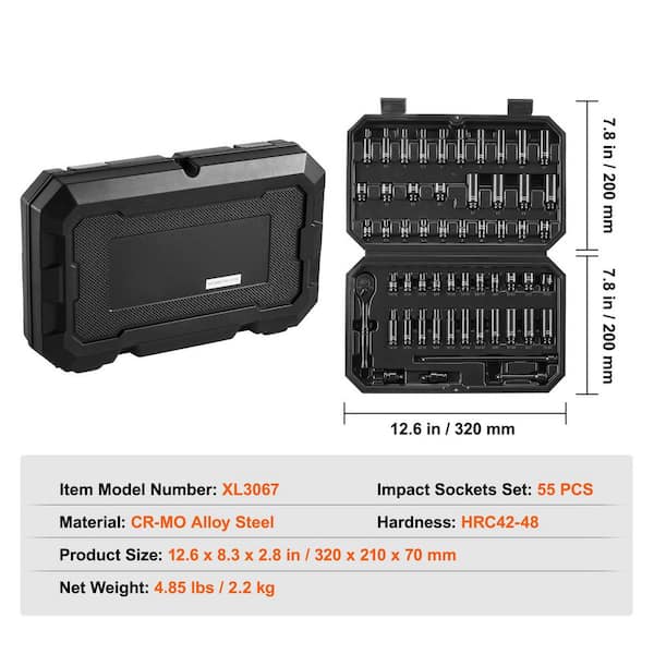 SKYSHALO Drive Impact Socket Set 1/4 in. 55-Piece Deep and Shallow