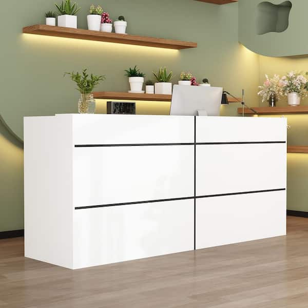 FUFU&GAGA 86.6 in. Rectangle White Wooden No Drawer Computer Desk Commercial Reception Desk with Open Shelf Large Storage Place