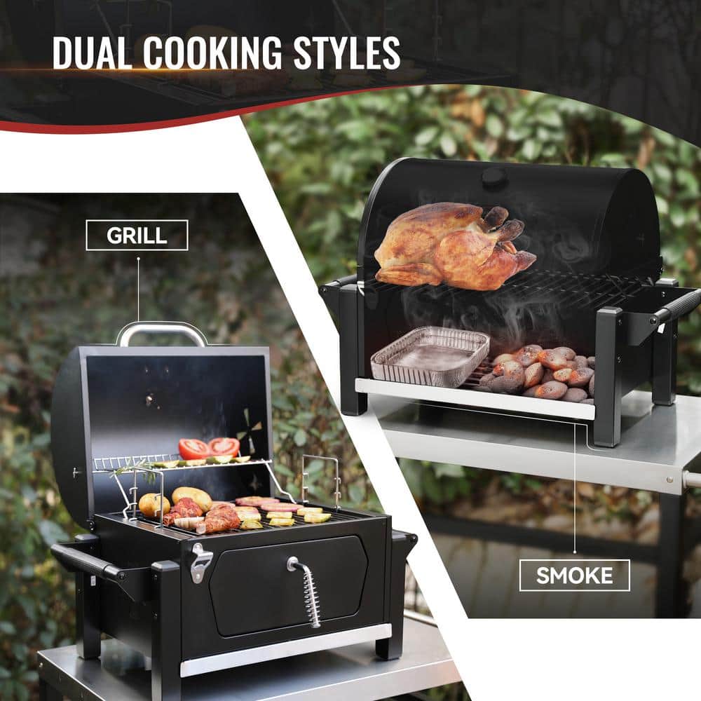 Compact Black Steel Portable Charcoal Grill with Warming Rack
