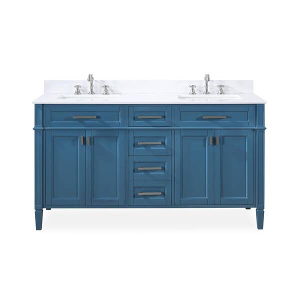 Benton Collection Durand 60 in. W x 22 in D. x 35 in. H Double sink Bath Vanity in Teal blue with ceramic sink and White quartz Top