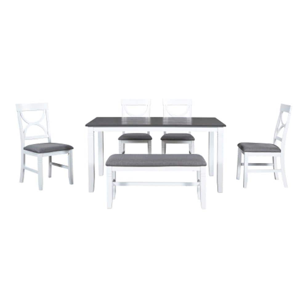 White 6-Piece Wood Standard Height Table Outdoor Dining Set Upholstered Cha