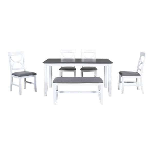 Unbranded White 6-Piece Wood Standard Height Table Outdoor Dining Set Upholstered Chairs and Bench with Gray Cushion