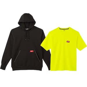Men's Small Black Heavy-Duty Cotton/Polyester Pullover Hoodie and Short-Sleeve High Visibility Pocket T-Shirt