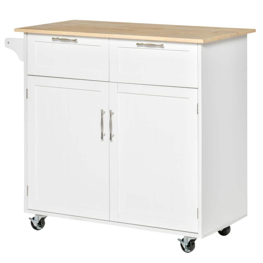 White Modern Rolling Kitchen Island Storage Kitchen Cart Utility Trolley with Rubberwood Top, 2 Drawers -  HOMCOM, 801-203