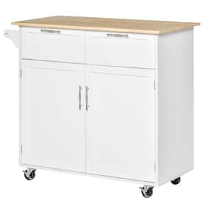 White Modern Rolling Kitchen Island Storage Kitchen Cart Utility Trolley with Rubberwood Top, 2 Drawers