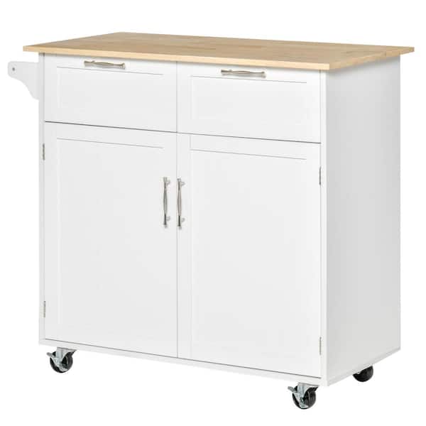HOMCOM White Modern Rolling Kitchen Island Storage Kitchen Cart Utility Trolley with Rubberwood Top, 2 Drawers
