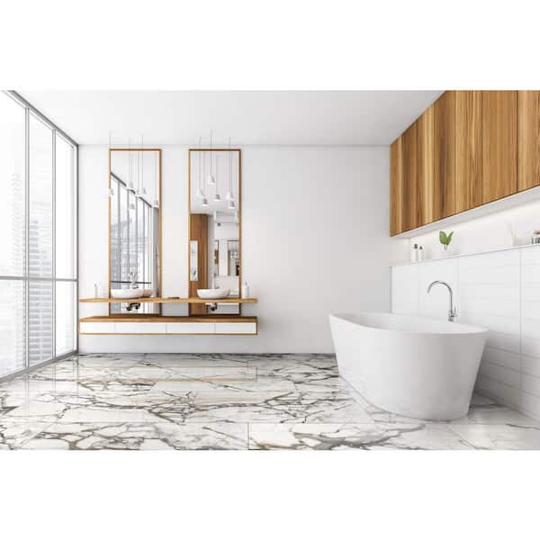 Carrara Marmi 24 in. x 48 in. Polished Porcelain Marble Look Floor and Wall Tile (16 sq. ft. /Case)