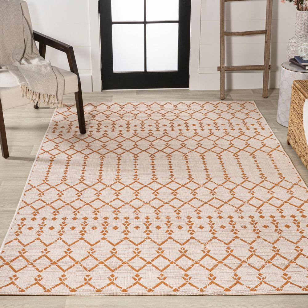 Cream and Orange Geometric Flatweave Indoor/Outdoor Rug