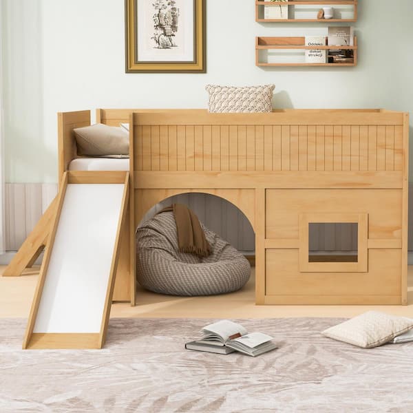 Harper & Bright Designs Natural Full Wood Frame Low Loft Bed with