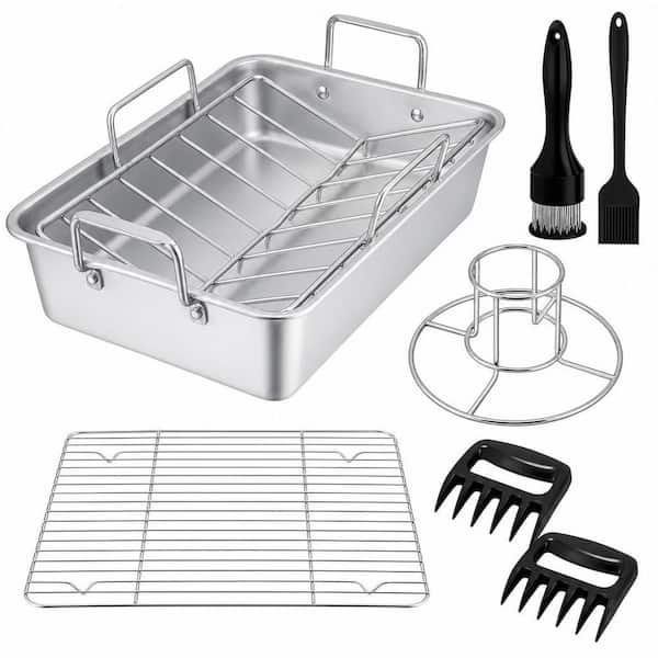 8-Piece Roasting Pan Set with 7 qt. Stainless Steel Turkey Roaster Pan, Flat and V-shaped Rack, Beer Can Chicken Holder