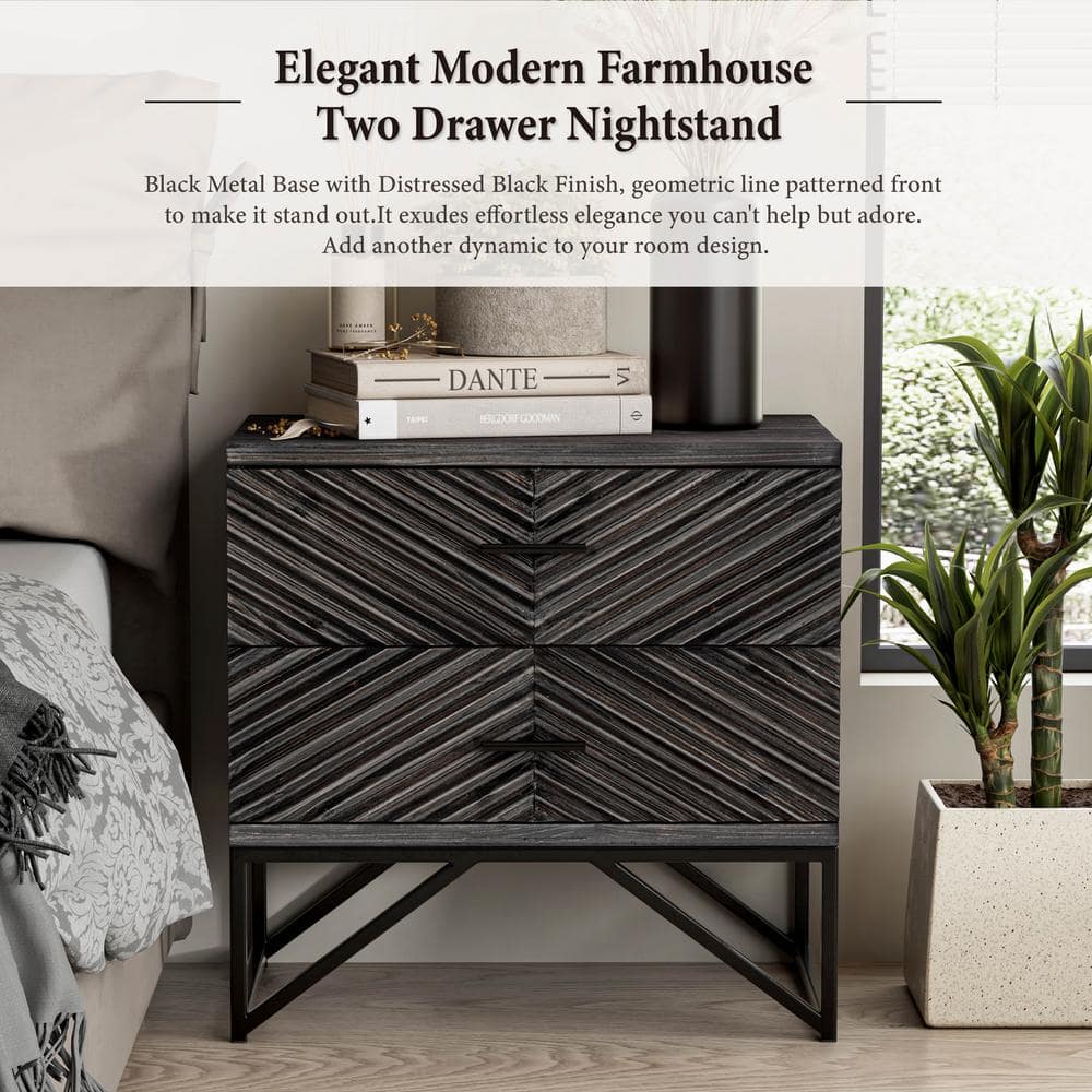Distressed Black 2-Drawer Nightstand with Geometric Pattern and Metal Base