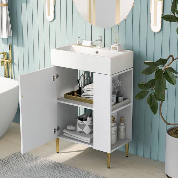 22 in. Freestanding Single Sink White Bath Vanity with White Ceramic Top