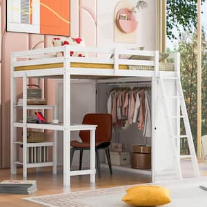 White Full Size Wood Loft Bed with Wardrobe, Built-in Desk, Storage Shelves and Inclined Ladder