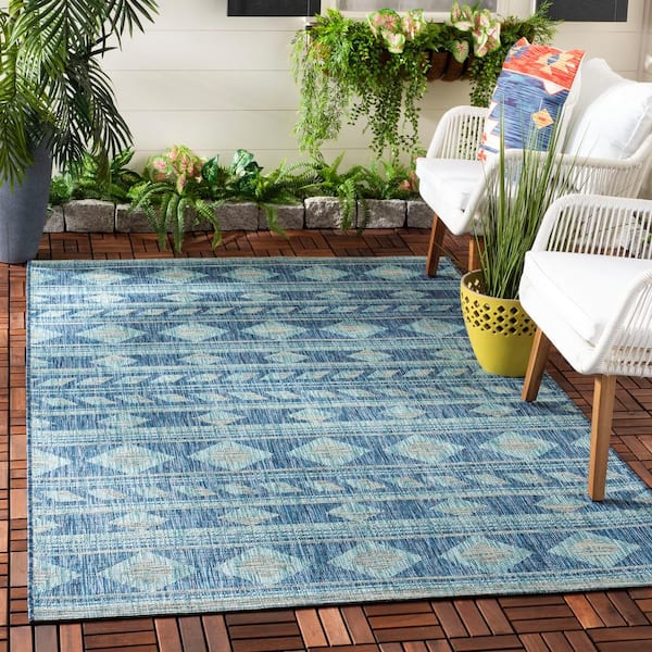 Courtyard Navy/Aqua 5 ft. x 5 ft. Striped Diamond Geometric Indoor/Outdoor Square Area Rug